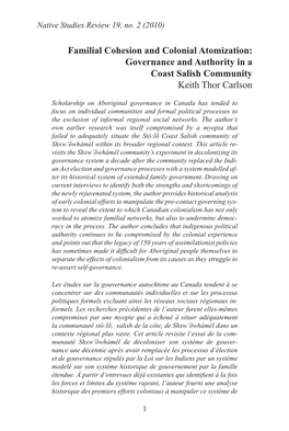 Governance and Authority in a Coast Salish Community Keith Thor Carlson