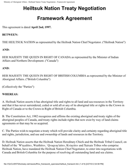 Ministry of Aboriginal Affairs - Heiltsuk Nation Treaty Negotiation - Framework Agreement Heiltsuk Nation Treaty Negotiation Framework Agreement