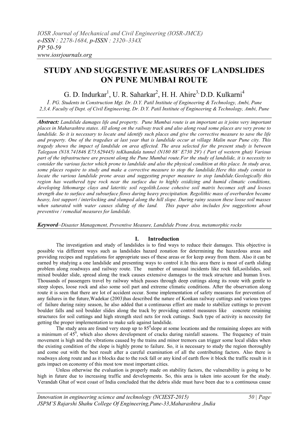 Study and Suggestive Measures of Landslides on Pune Mumbai Route