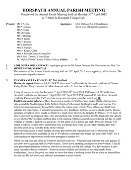 HORSPATH ANNUAL PARISH MEETING Minutes of the Annual Parish Meeting Held on Monday 30Th April 2012 at 7.30Pm in Horspath Village Hall