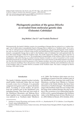 Phylogenetic Position of the Genus Bibarba As Revealed from Molecular Genetic Data (Teleostei: Cobitidae)