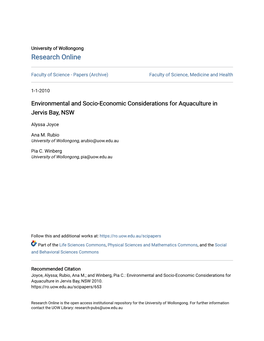 Environmental and Socio-Economic Considerations for Aquaculture in Jervis Bay, NSW