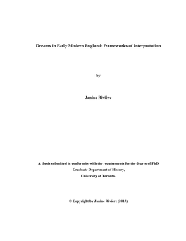 Dreams in Early Modern England: Frameworks of Interpretation