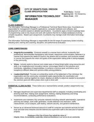 Information Technology Manager Is a Professional Technical Stand Alone Class