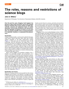 The Roles, Reasons and Restrictions of Science Blogs