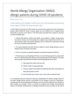 (WAO): Allergic Patients During COVID-19 Pandemic