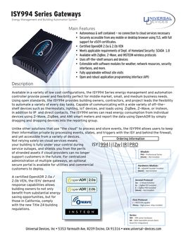 Spec Sheet Universal Devices ISY994