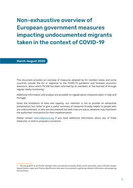 Non-Exhaustive Overview of European Government Measures Impacting Undocumented Migrants Taken in the Context of COVID-19