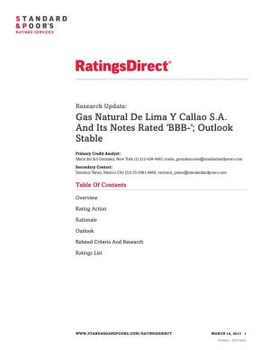 Gas Natural De Lima Y Callao S.A. and Its Notes Rated 'BBB-'; Outlook Stable