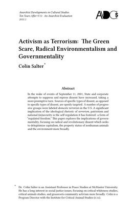 Activism As Terrorism: the Green Scare, Radical Environmentalism and Governmentality