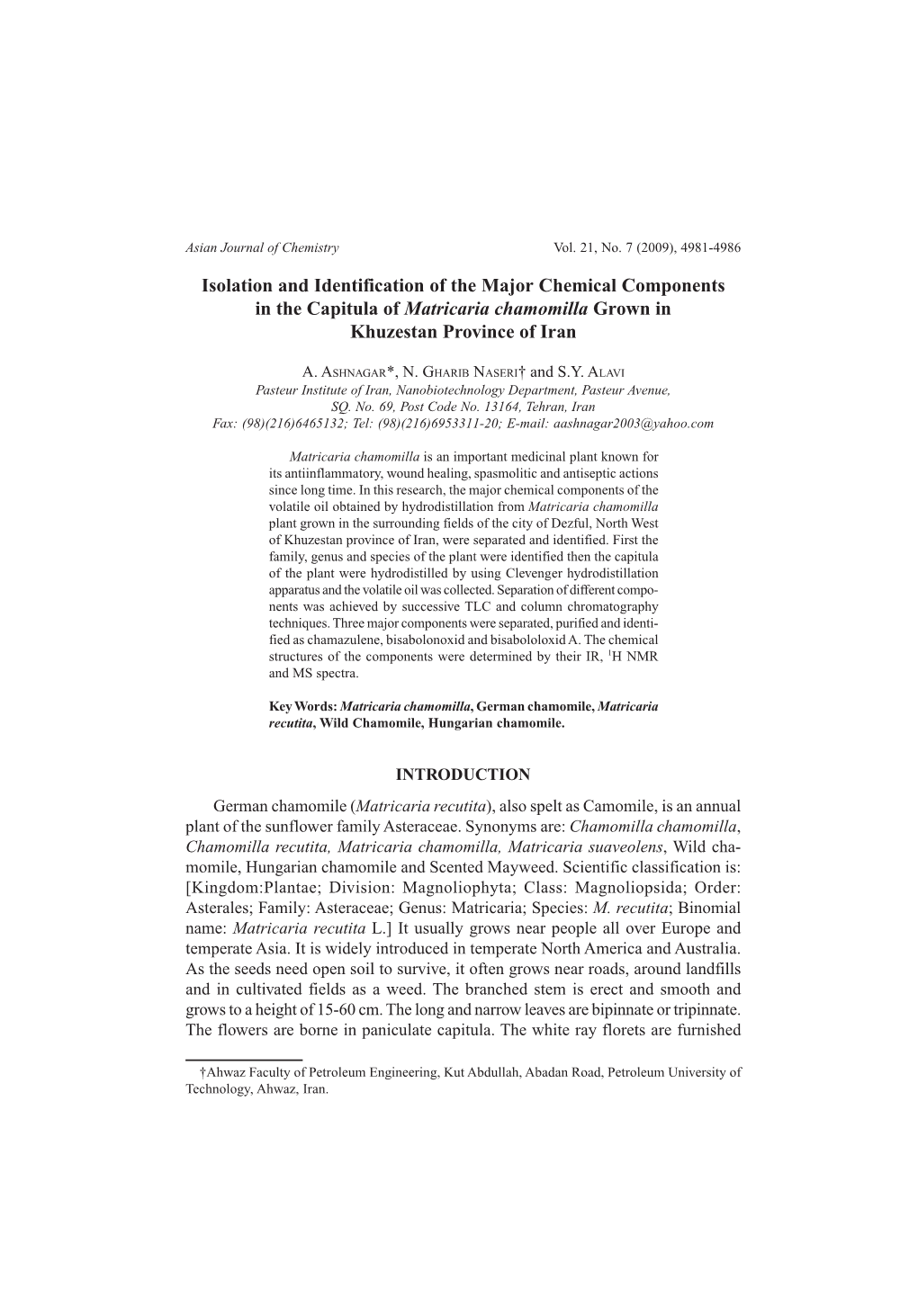 Isolation and Identification of the Major Chemical Components in the Capitula of Matricaria Chamomilla Grown in Khuzestan Province of Iran