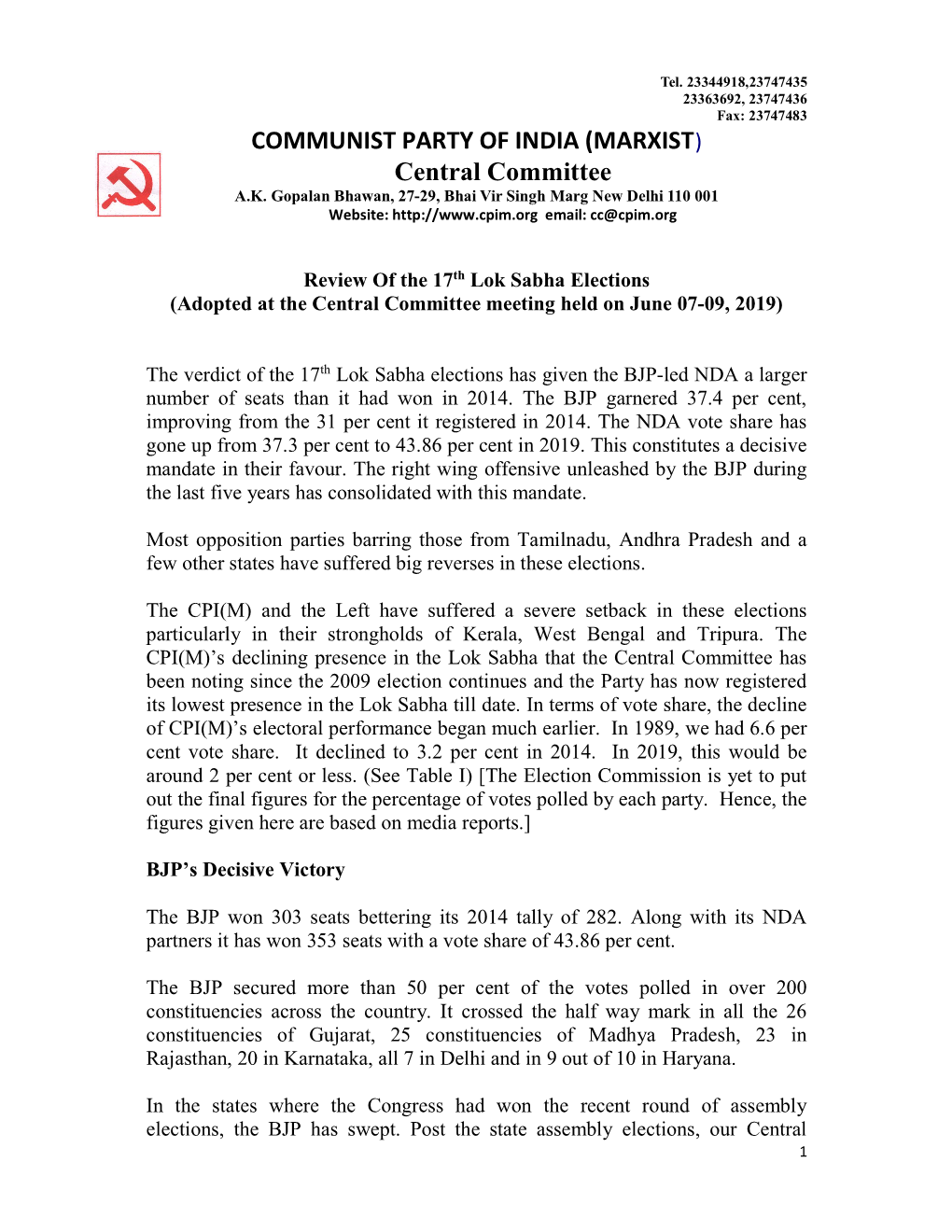 COMMUNIST PARTY of INDIA (MARXIST) Central Committee A.K