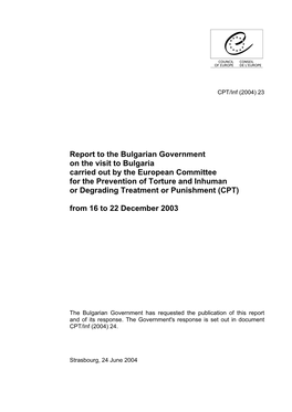 Report to the Bulgarian Government on the Visit to Bulgaria Carried Out