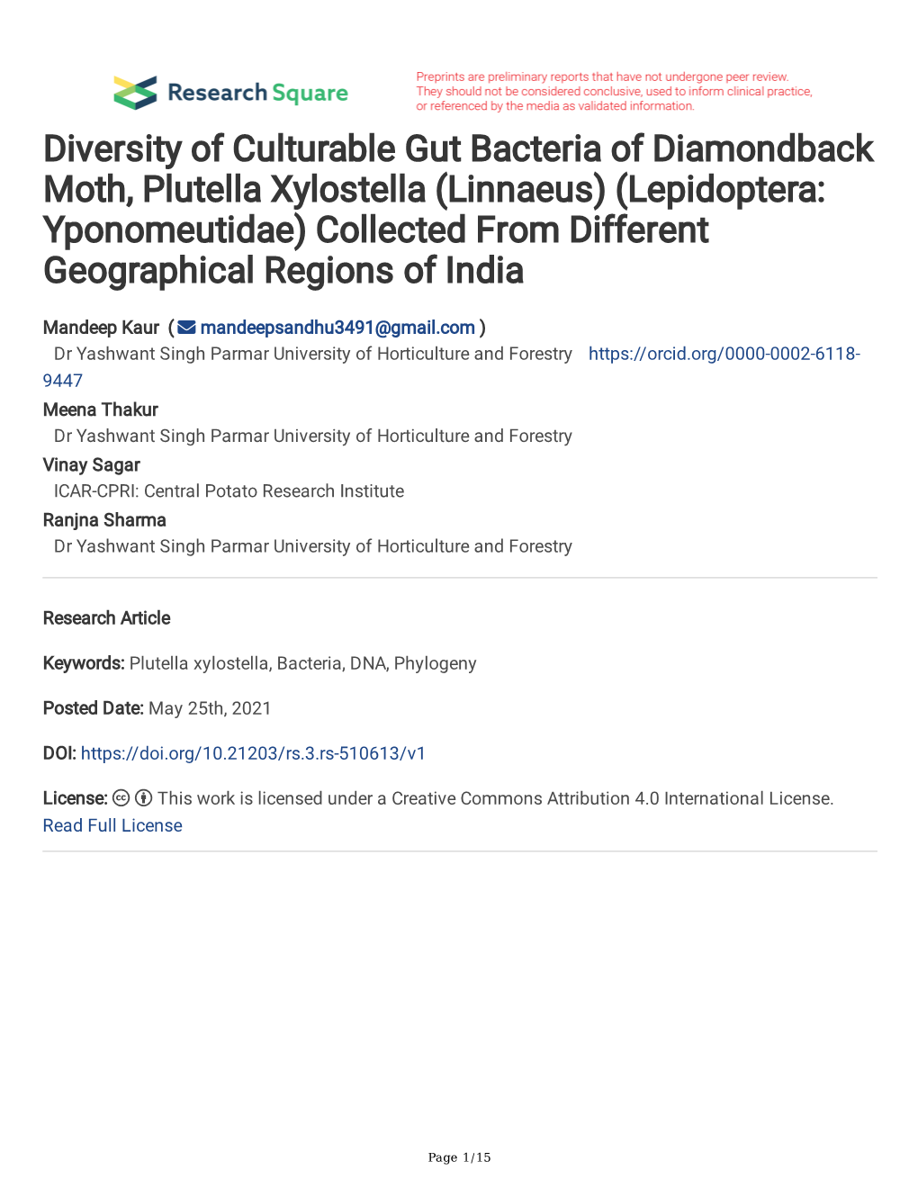 Diversity of Culturable Gut Bacteria of Diamondback Moth, Plutella Xylostella (Linnaeus) (Lepidoptera: Yponomeutidae) Collected