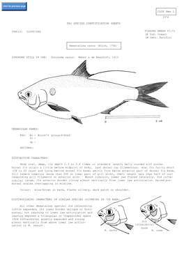 FAMILY: CLUPEIDAE FISHING AREAS 57,71 (E Ind. Ocean) (W Cent. Pacific) SYNONYMS STILL in USE: Dorosoma Nasus: Weber & De