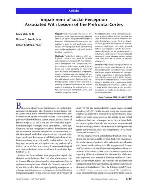 Impairment of Social Perception Associated with Lesions of the Prefrontal Cortex