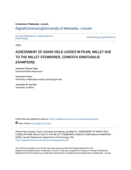 Assessment of Grain Yield Losses in Pearl Millet Due to the Millet Stemborer, Coniesta Ignefusalis (Hampson)