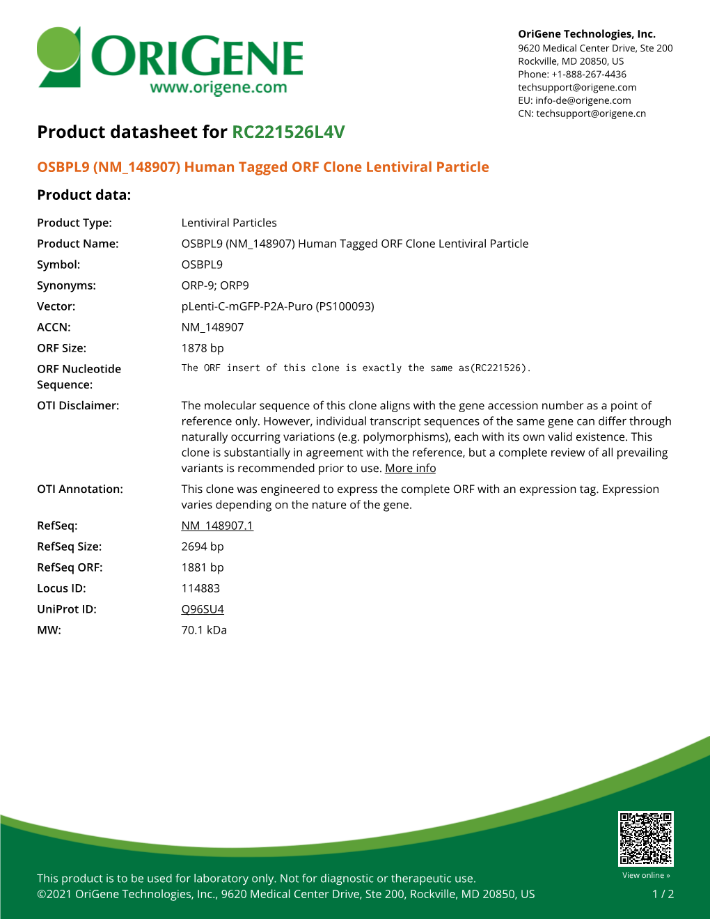 OSBPL9 (NM 148907) Human Tagged ORF Clone Lentiviral Particle Product Data