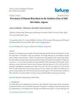 Prevalence of Human Brucellosis in the Southern Zone of Sidi-Bel-Abbès, Algeria