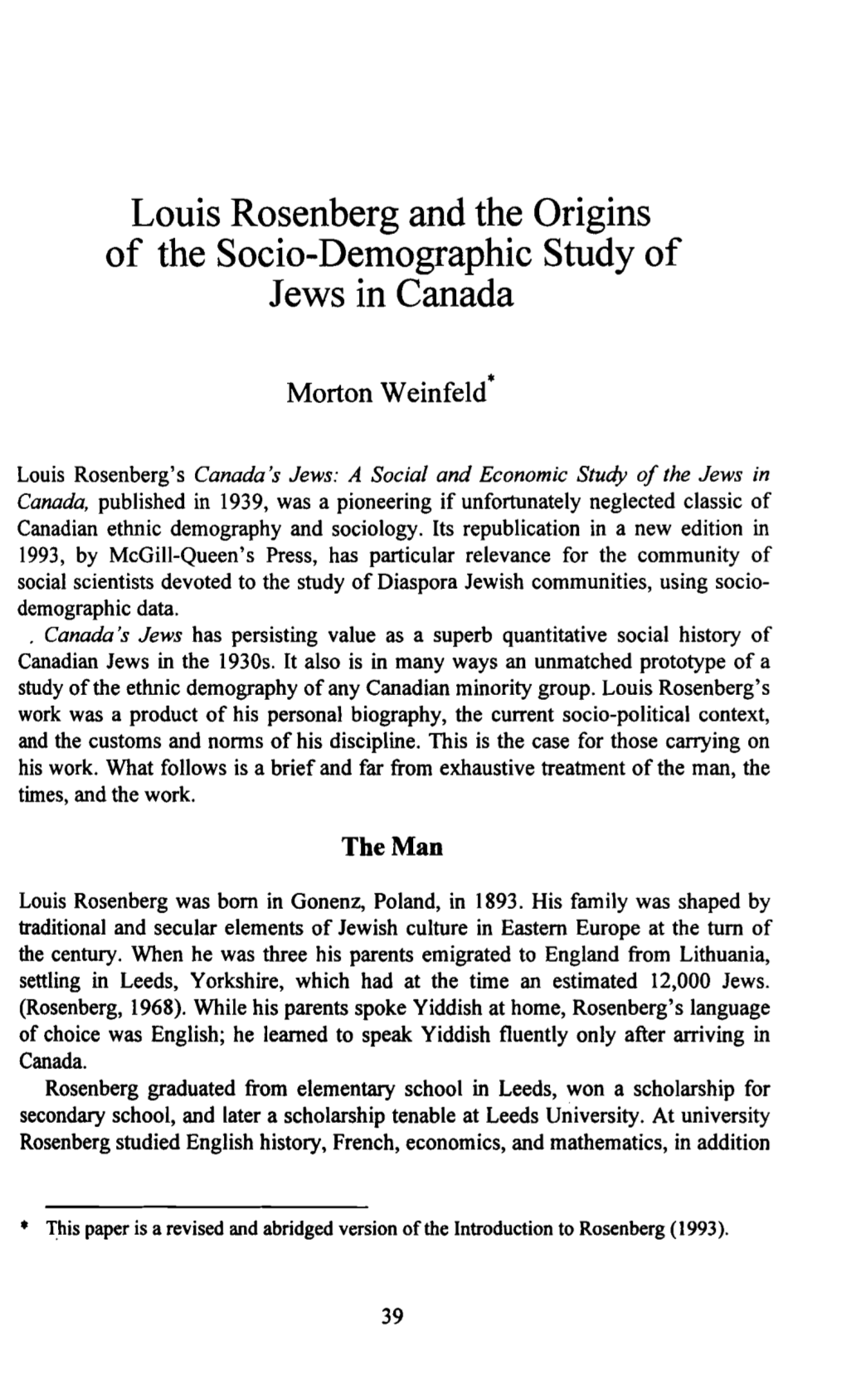 Louis Rosenberg and the Origins of the Socio-Demographic Study of Jews in Canada