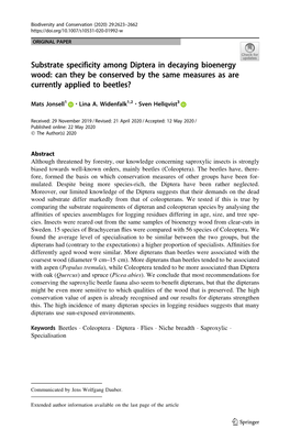 Substrate Specificity Among Diptera in Decaying Bioenergy Wood: Can They Be Conserved by the Same Measures As Are Currently Applied to Beetles?