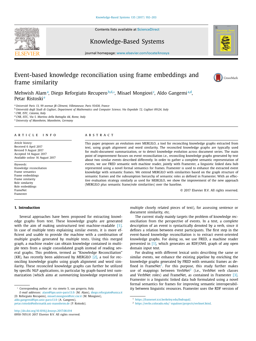 Event-Based Knowledge Reconciliation Using Frame Embeddings And