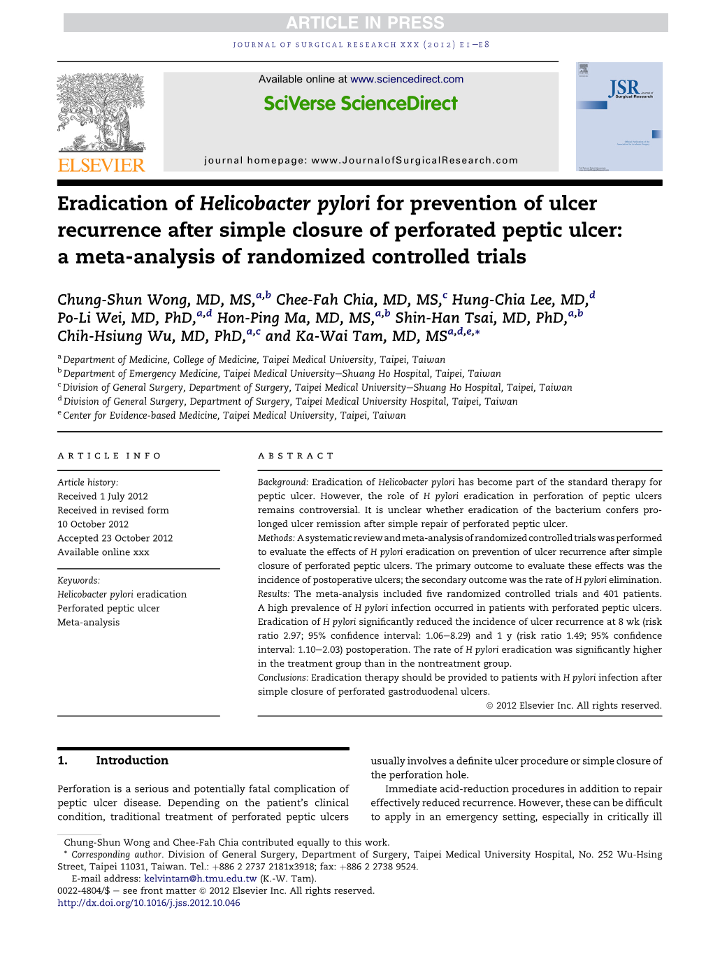 Eradication of Helicobacter Pylori for Prevention of Ulcer Recurrence After Simple Closure of Perforated Peptic Ulcer: a Meta-Analysis of Randomized Controlled Trials