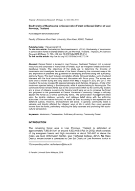 Biodiversity of Mushrooms in Conservative Forest in Dansai District of Loei Province, Thailand