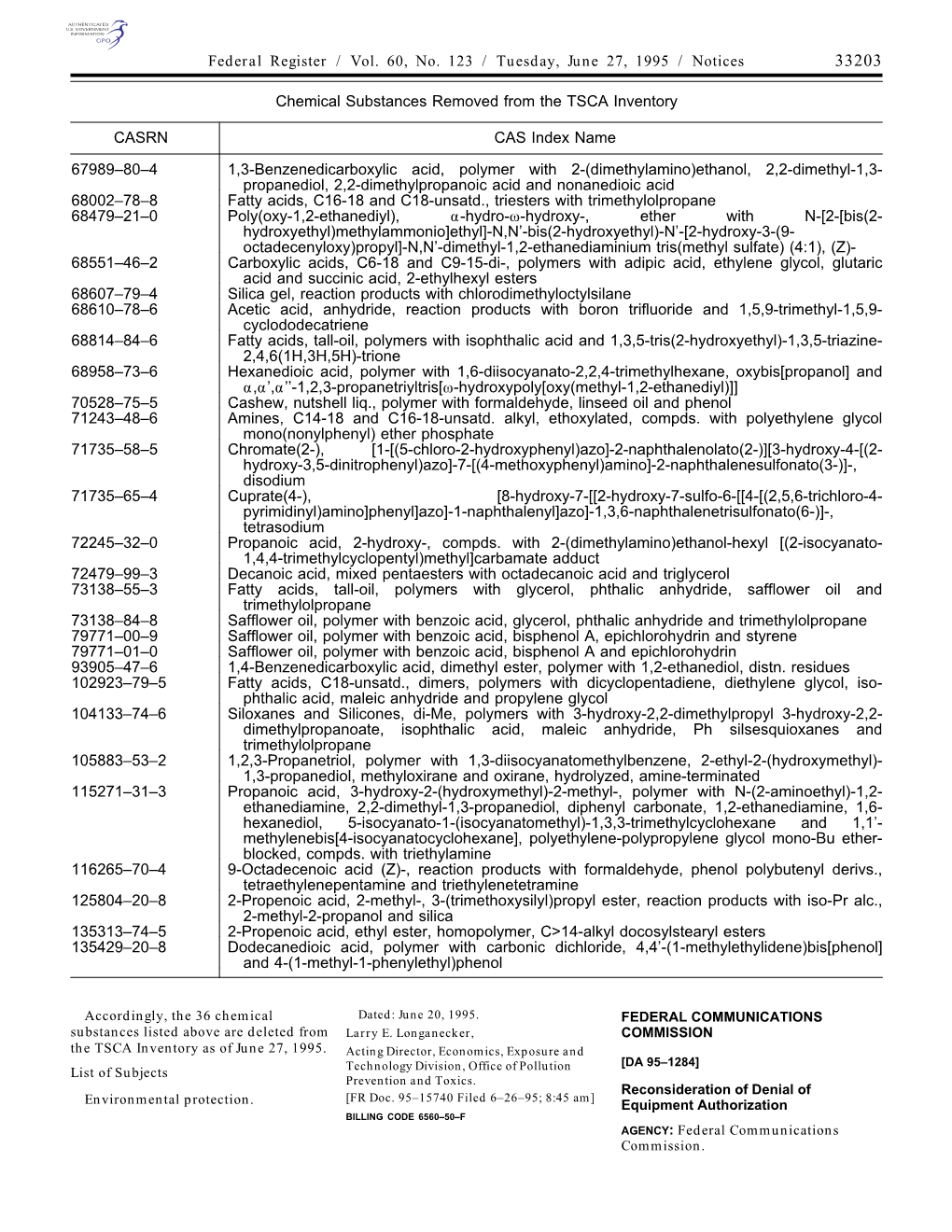 Federal Register / Vol. 60, No. 123 / Tuesday, June 27, 1995 / Notices 33203