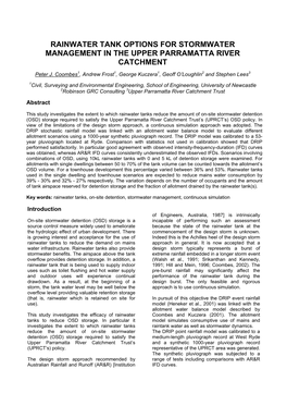 Rainwater Tank Options for Stormwater Management in the Upper Parramatta River Catchment