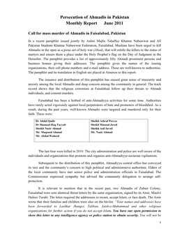 Persecution of Ahmadis in Pakistan Monthly Report June 2011