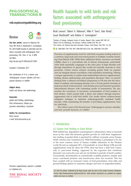 Health Hazards to Wild Birds and Risk Factors Associated with Anthropogenic Rstb.Royalsocietypublishing.Org Food Provisioning