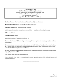 MINUTES Guilford Planning and Zoning Commission Regular Meeting and Public Hearing, August 17, 2016 Nathanael B