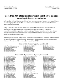 Than 100 State Legislators Join Coalition to Oppose Troubling Tobacco Tax Scheme