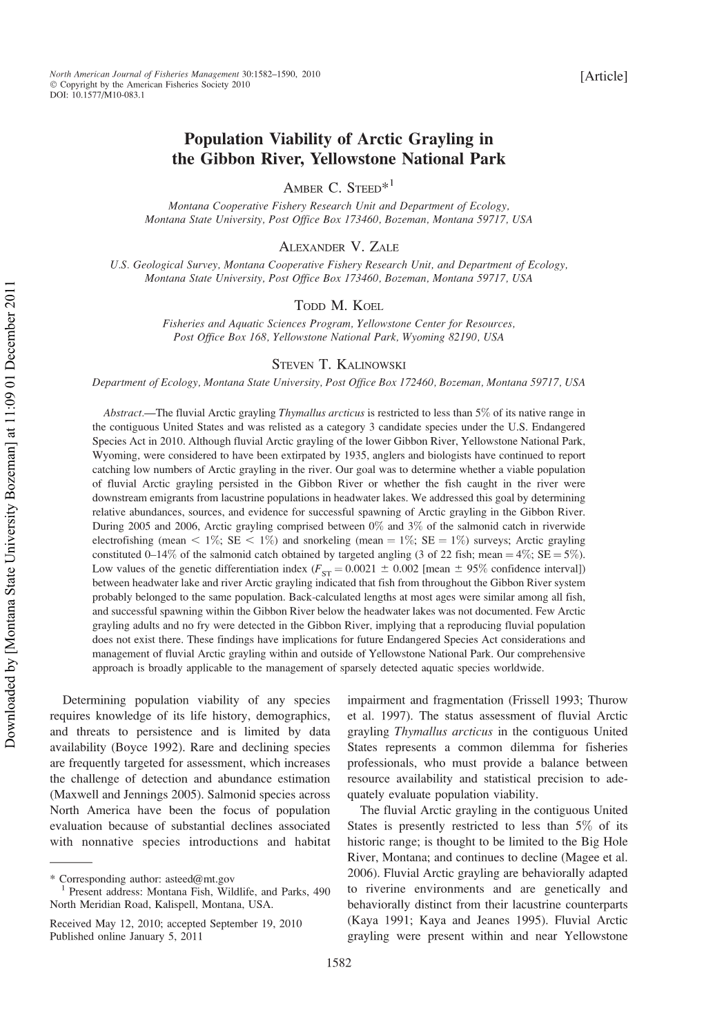 Population Viability of Arctic Grayling in the Gibbon River, Yellowstone National Park