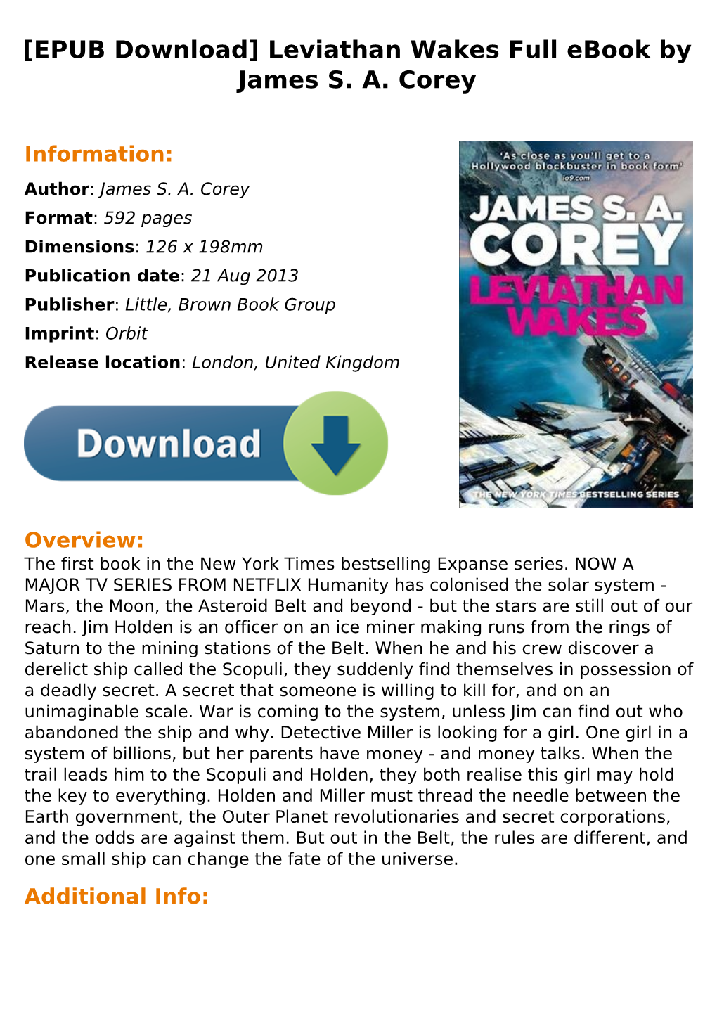 [EPUB Download] Leviathan Wakes Full Ebook by James S. A. Corey
