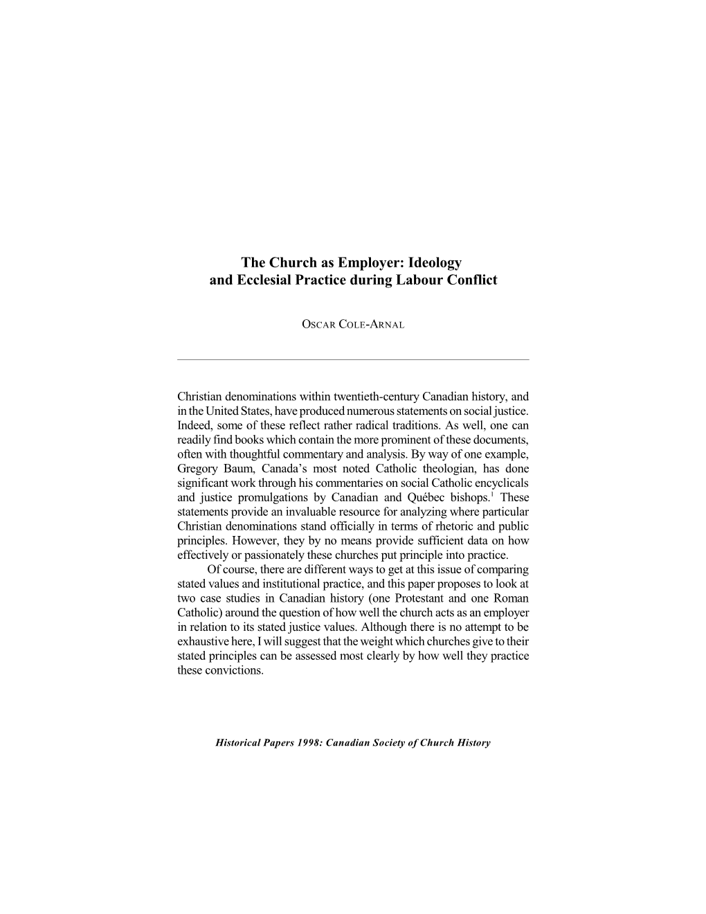 The Church As Employer: Ideology and Ecclesial Practice During Labour Conflict