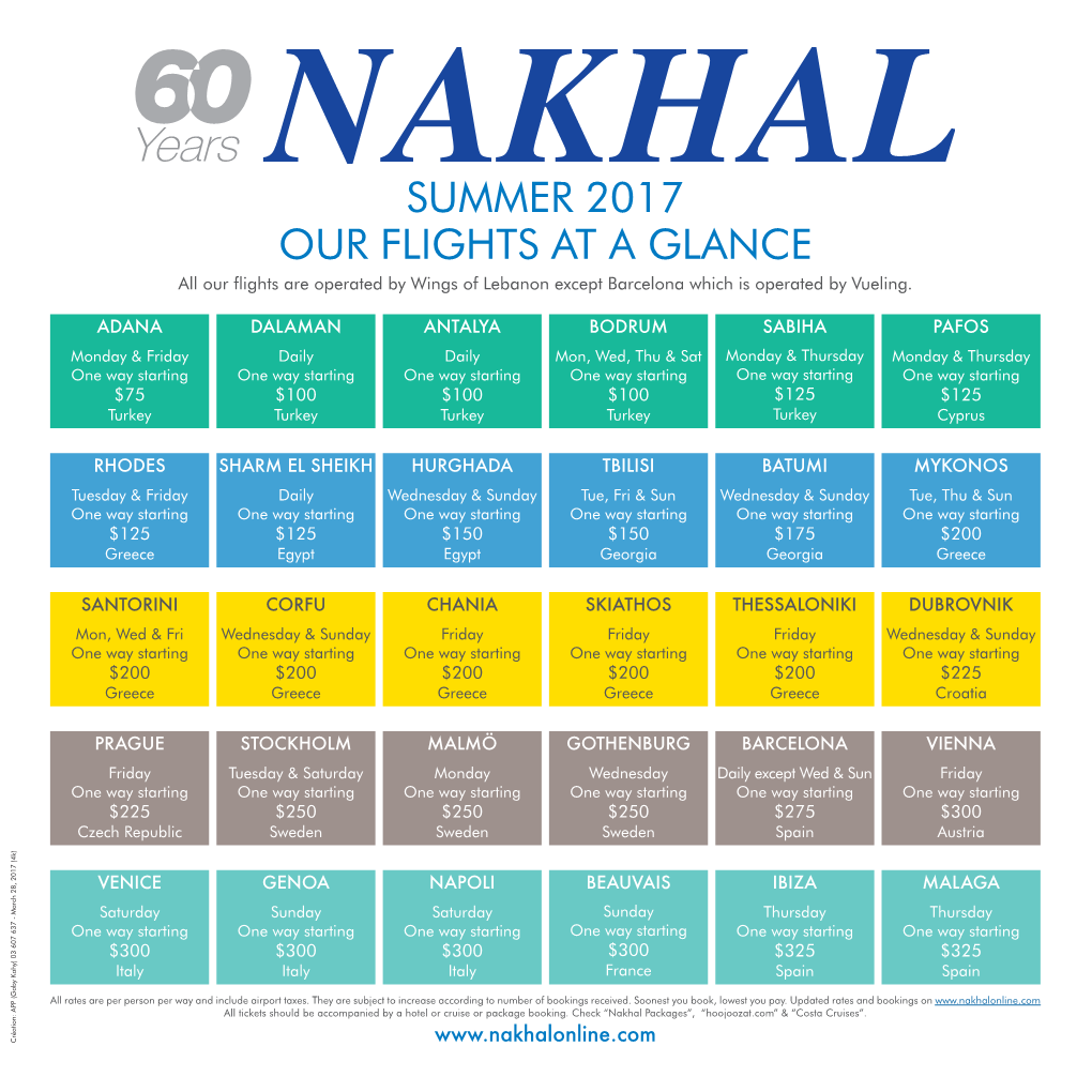 SUMMER 2017 OUR FLIGHTS at a GLANCE All Our Flights Are Operated by Wings of Lebanon Except Barcelona Which Is Operated by Vueling