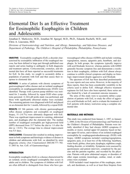 Elemental Diet Is an Effective Treatment for Eosinophilic Esophagitis in Children and Adolescents Jonathan E