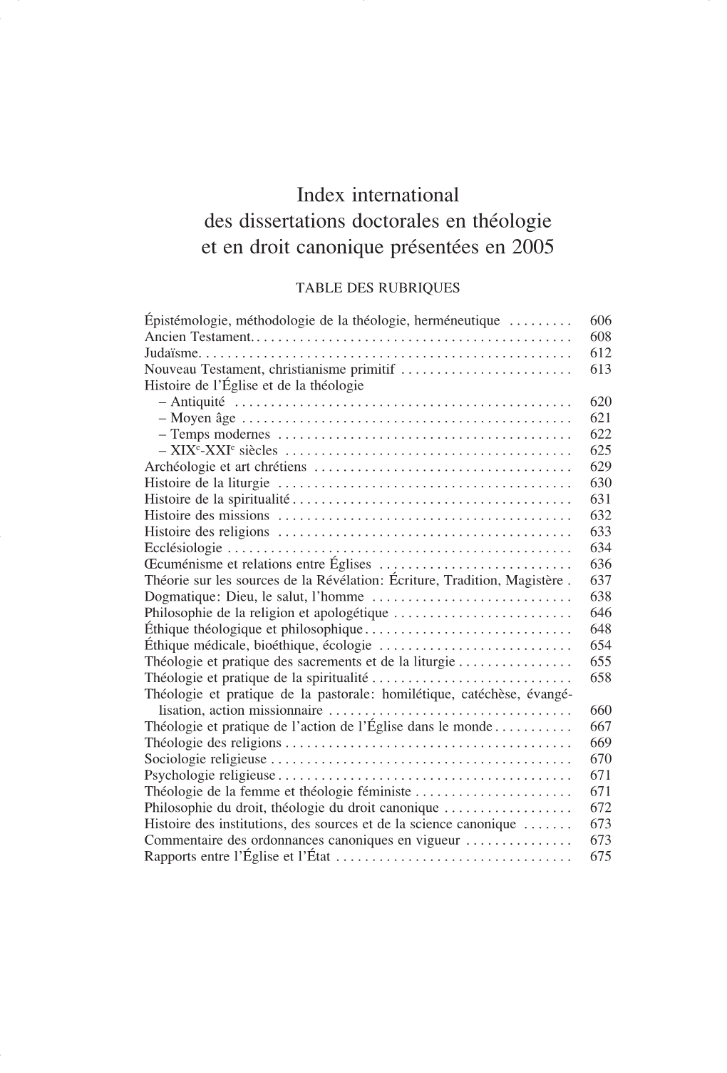 International Des Dissertations Doctorales En Théologie Et En Droit Canonique Présentées En 2005
