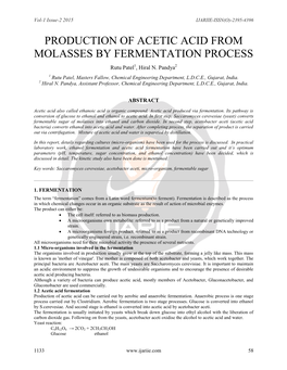 PRODUCTION of ACETIC ACID from MOLASSES by FERMENTATION PROCESS Rutu Patel1, Hiral N