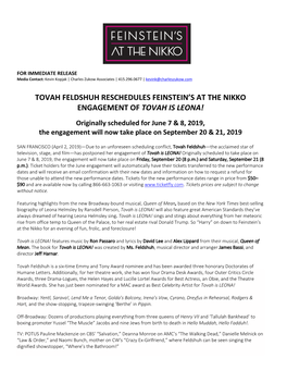 Tovah Feldshuh Reschedules Feinstein's at the Nikko Engagement of Tovah Is Leona!