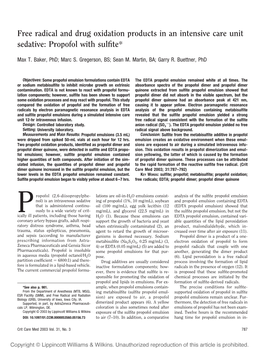 Free Radical and Drug Oxidation Products in an Intensive Care Unit Sedative: Propofol with Sulfite*