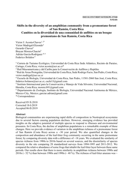 Shifts in the Diversity of an Amphibian Community from a Premontane Forest of San Ramón, Costa Rica Cambios En La Diversidad De