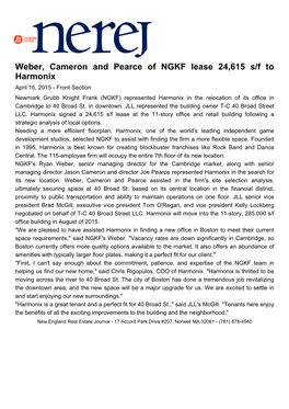 Weber, Cameron and Pearce of NGKF Lease 24,615 S/F to Harmonix