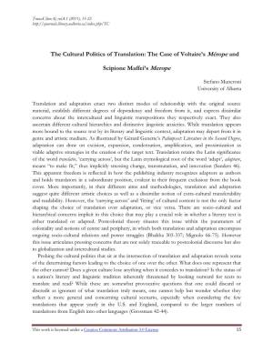 The Case of Voltaire's Mérope and Scipione Maffei's Merope