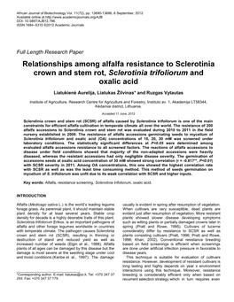 Relationships Among Alfalfa Resistance to Sclerotinia Crown and Stem Rot, Sclerotinia Trifoliorum and Oxalic Acid