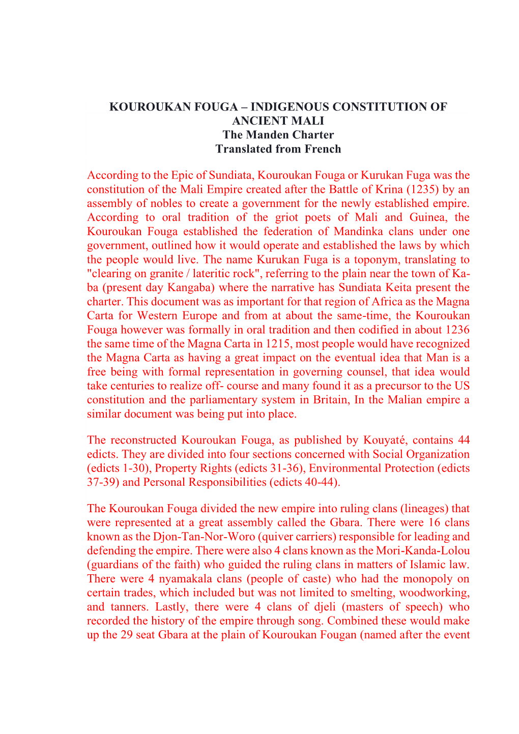 KOUROUKAN FOUGA – INDIGENOUS CONSTITUTION of ANCIENT MALI the Manden Charter Translated from French