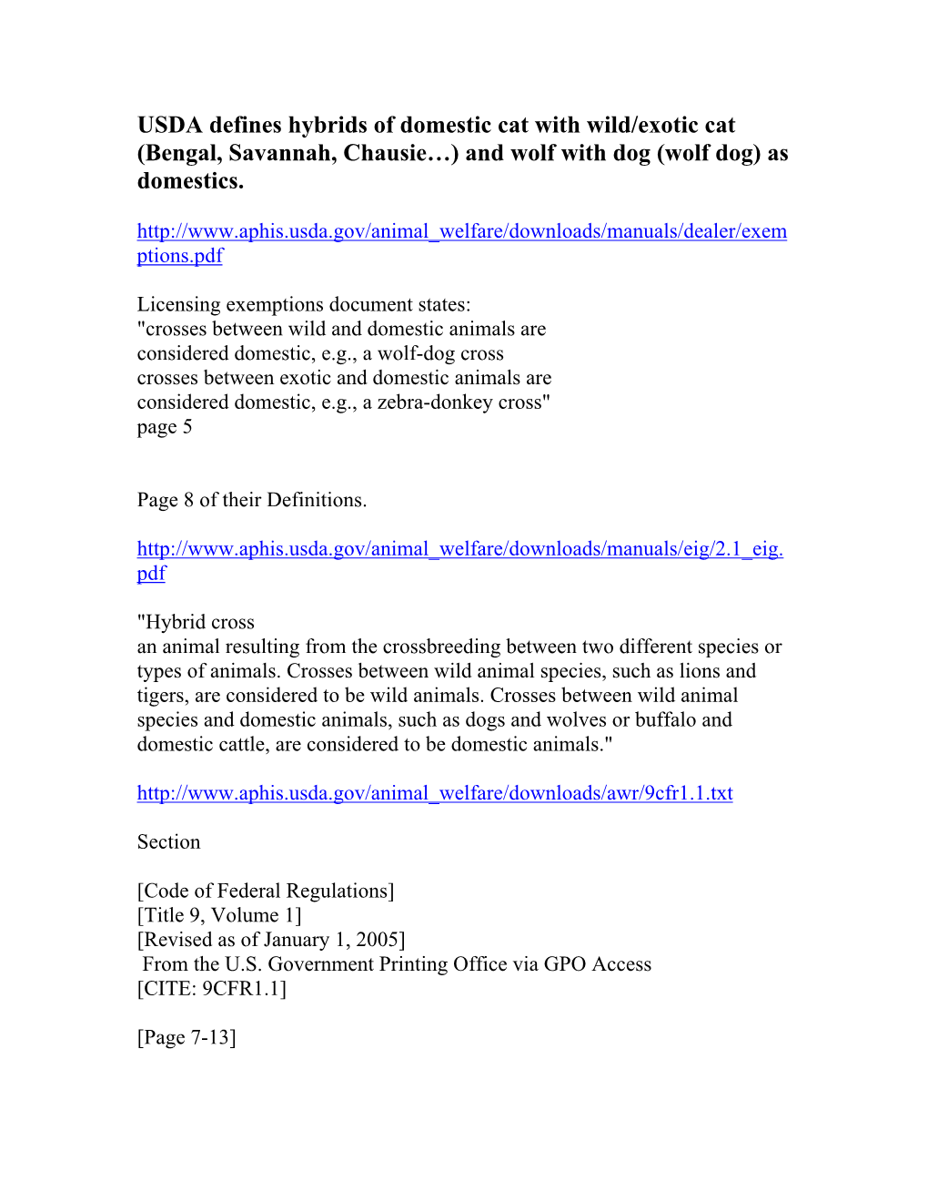 USDA Defines Hybrids of Domestic Cat with Wild/Exotic Cat (Bengal, Savannah, Chausie…) and Wolf with Dog (Wolf Dog) As Domestics