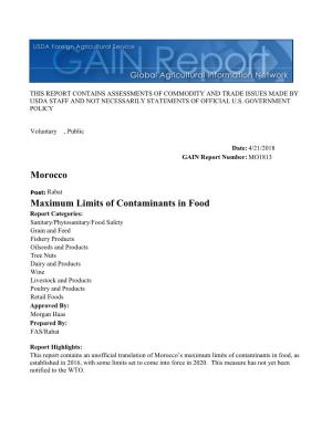Maximum Limits of Contaminants in Food Morocco